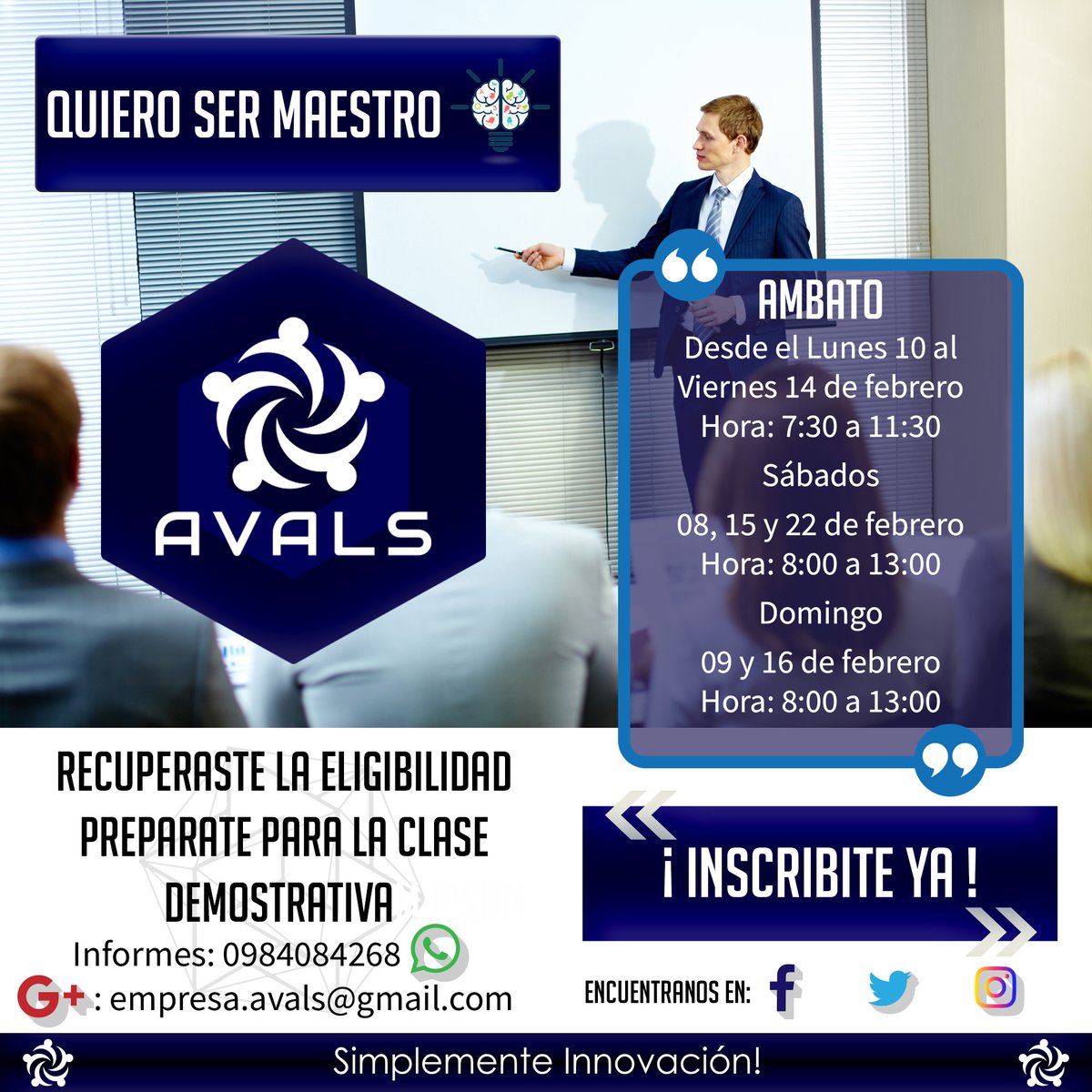 EmpresaAvals's tweet photo. Recuperaste la elegibilidad prepárate para la clase demostrativa. Para ser mejor, capacitate con los mejores. Ven y prueba nuestra capacitación #quierosermaestro. 💯👨‍🏫👩‍🏫

Para más información puedes contactarnos por:
Whatsapp: 0984084268 ✅
Gmail: empresa.avals@gmail.com ✅ https://t.co/7dlIdJbaF4
