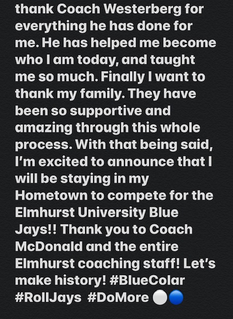 I am truly blessed to announce that I will be committing to Elmhurst University to compete in the CCIW! 🔵⚪️