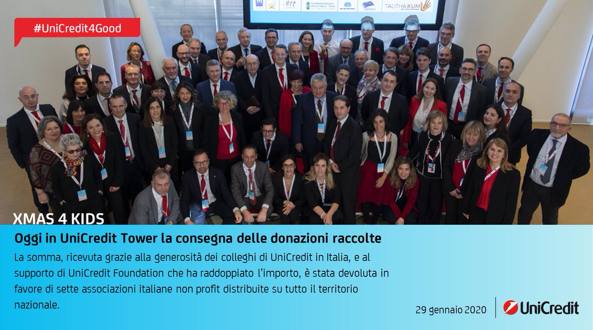 UniCredit_IT's tweet photo. #UniCredit4Good: consegnate oggi in #UniCreditTower le donazioni raccolte nel corso di #XmasForKids, iniziativa a favore di bambini e famiglie in difficoltà giunta quest’anno alla sua 3ª edizione. A beneficiarne 7 associazioni #nonprofit in tutta #Italia. https://t.co/gMBS42lMg3 https://t.co/CXeCecH1YA