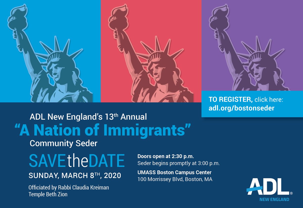 ADL_NewEngland's tweet photo. Join us to celebrate the many different backgrounds that make our Commonwealth at our 13th  annual "A Nation of Immigrants Community Seder" Register at https://t.co/TiJXFDtM4Q #BostonSeder https://t.co/67Wa08agst