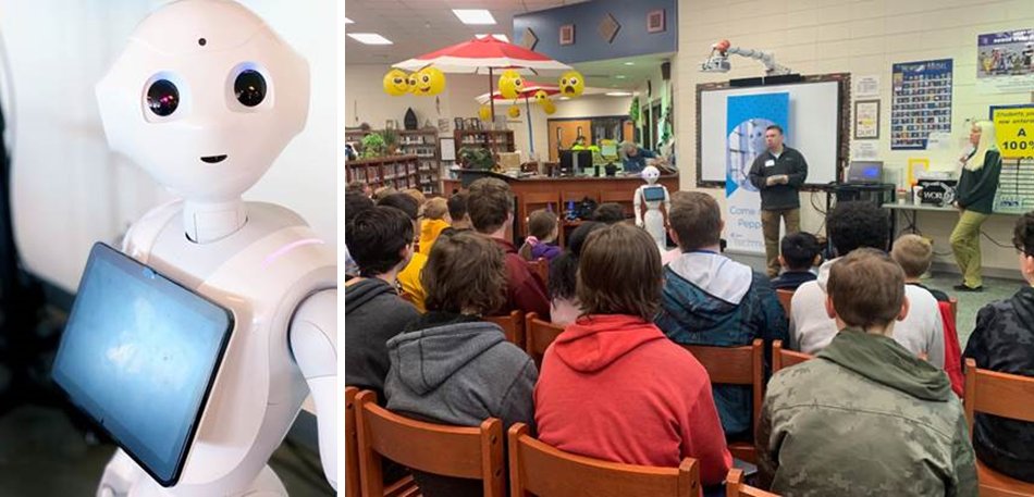 CSpireBusiness's tweet photo. Computer science education improves children’s confidence and creativity. It also boosts their critical-thinking, math and communication skills. Thanks, St. Martin Middle School, for allowing C Spire’s team to bring our robot Pepper to your classrooms. #WeAreCSpire #TechMVMT https://t.co/gnpWIzyfM3