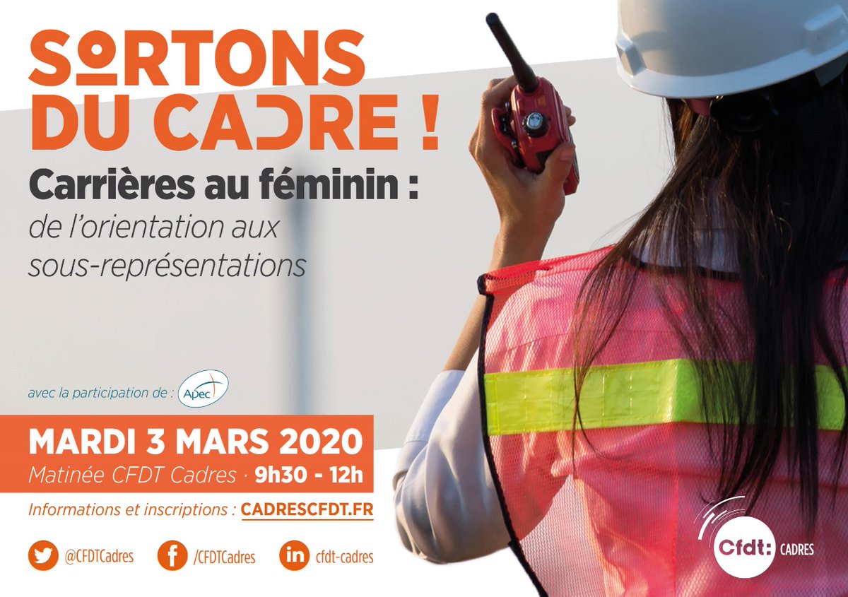 CFDTCadres's tweet image. ♀️ #SortonsDuCadre ! 👩‍💻 Mardi 3 mars, échangez avec la CFDT Cadres sur la place des femmes au travail ➡️ Infos &amp;amp; inscription : tinyurl.com/yx3yyrdx @fderolez @e_cadar @pbcfdt @Lebert_MarieC #IWD2020