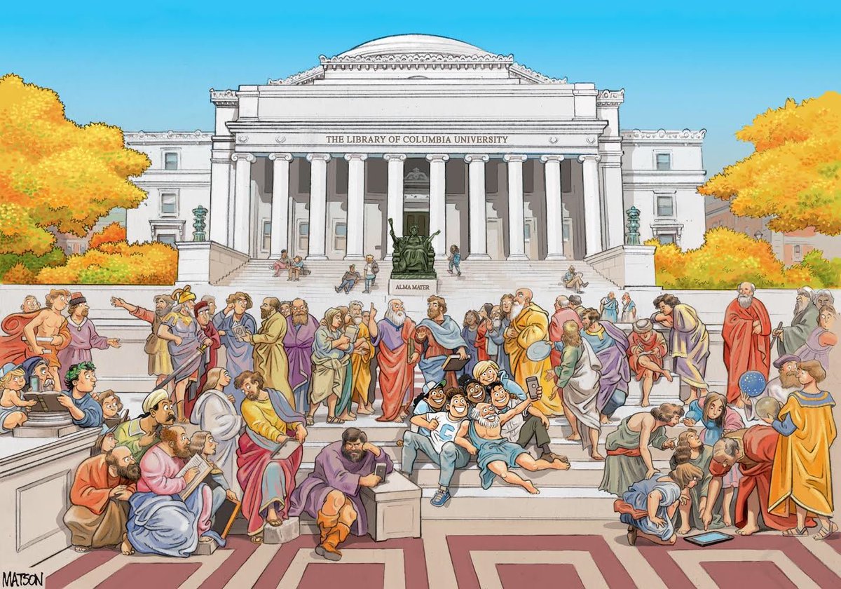 Illustration of Low Steps with Low Library behind it, yellow-leaved trees, and a variety of philosophers seated on the steps—in the style of Raphael's "The School of Athens" painting.