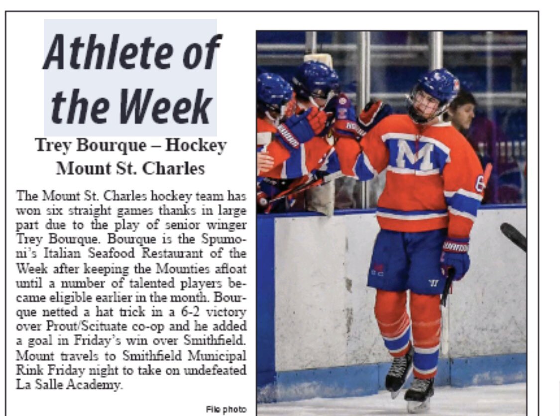 The <a href="/Mountboyshockey/">MSC Boys Hockey</a> team has been on a tear lately &amp; Trey Bourque has been one of the catalysts behind this resurgence. Bourque netted 4 goals in 2 games last week - including a hat trick. He’s the choice for Times/Call Athlete of the Week. <a href="/MSCAthletics/">Mount St. Charles Athletics</a> <a href="/MtStCharles/">Mount Saint Charles</a>
