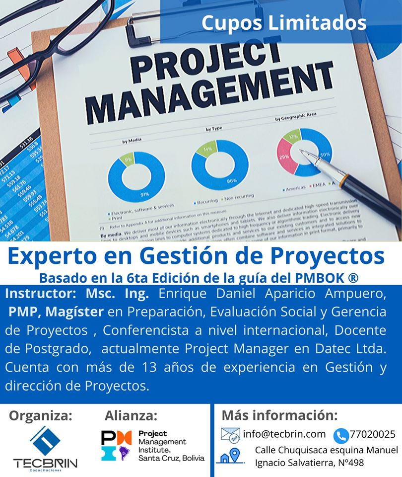 Estimados seguidores, recomendamos este curso organizado por nuestra institución aliada TECBRIN.
10% de descuento para miembros del Capitulo PMISC.
Inicio: 3 de febrero

Inscripción y Consultas: bit.ly/2Nkwi8f
📧: info@tecbrin.com.bo
📲: 591 77020025

#PMISC
