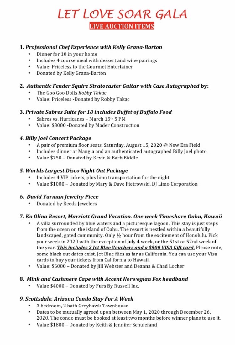 Let Love Soar Gala Live Auction Items- Saturday, February 8th at Hotel Henry.