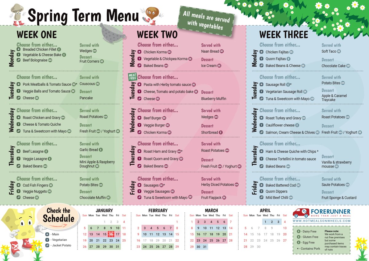 ForerunnerMeals's tweet image. New term new menu! Not only are our school meals healthy, using the best local ingredients, but we also change them on a regular basis. Here’s our Spring term menu. #schoolmeals #healthyeating #edutwitter #dorset