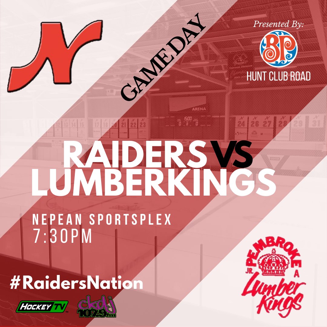 Nepeanraiders's tweet photo. The #Raiders welcome the @PLKingsCCHL to the Sportsplex tonight!
⏰| 7:30PM
📺|@MyHockeyTV
📻| @CKDJ1079
Game Days are brought to you by @BP_HuntClub #GatherRound
#RaidersNation🔴⚪#NEPvsPLK #CCHL #NepeanSportsplex #Yzerman #Nepean #SupportLocalHockey #JrA #Hockey https://t.co/ApC7WboBL1
