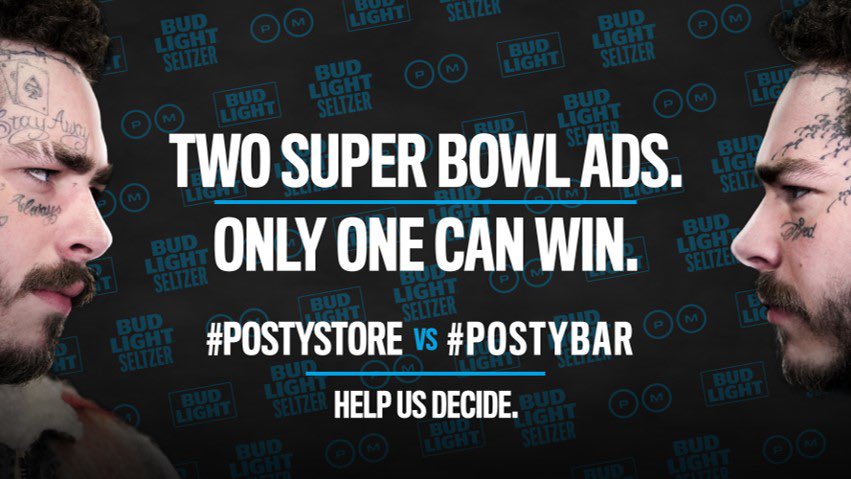 Two Super Bowl ads. Only one can win. It’s #POSTYSTORE vs #POSTYBAR. RT your favorite to help us decide @PostMalone