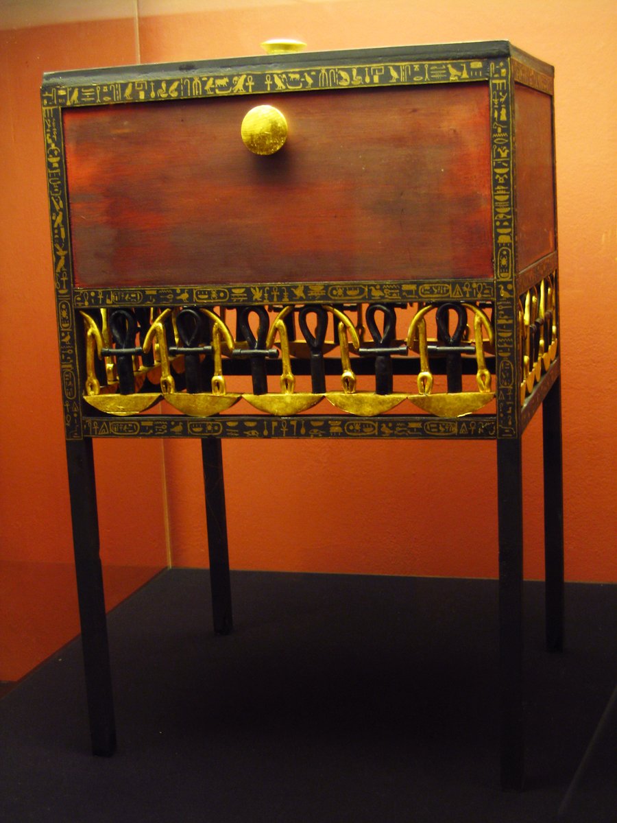 This delicate wooden chest is decorated with djed and ankh symbols. It contained a number of the young king's personal possessions.