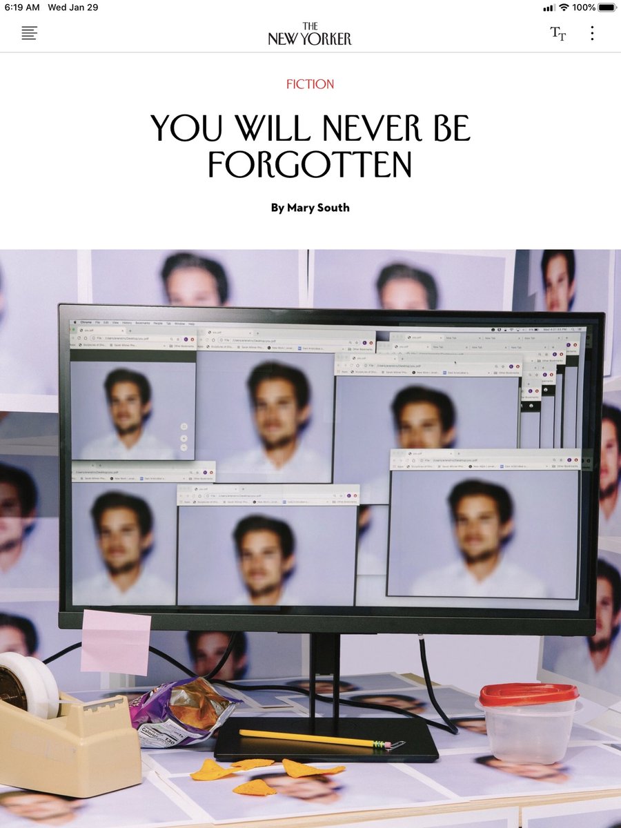 1/29/2020: “You Will Never Be Forgotten” by  @marysouth, published by  @NewYorker. Also the title story of her forthcoming collection, due out in March from  @fsgbooks. Available online at The New Yorker:  https://www.newyorker.com/magazine/2020/01/27/you-will-never-be-forgotten