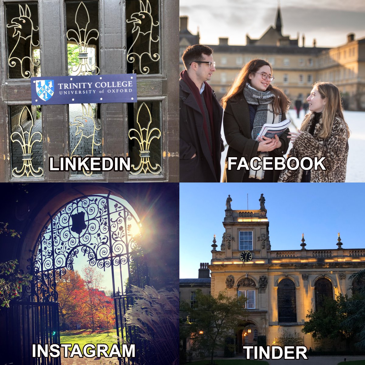 A collage of four pictures of Trinity College representing LinkedIn (a gate with Trinity College sign on it), Facebook (a picture of students on the lawns), Instagram (a sunny colourful view from the gate) and Tinder (a sunset picture of the chapel and tower). 