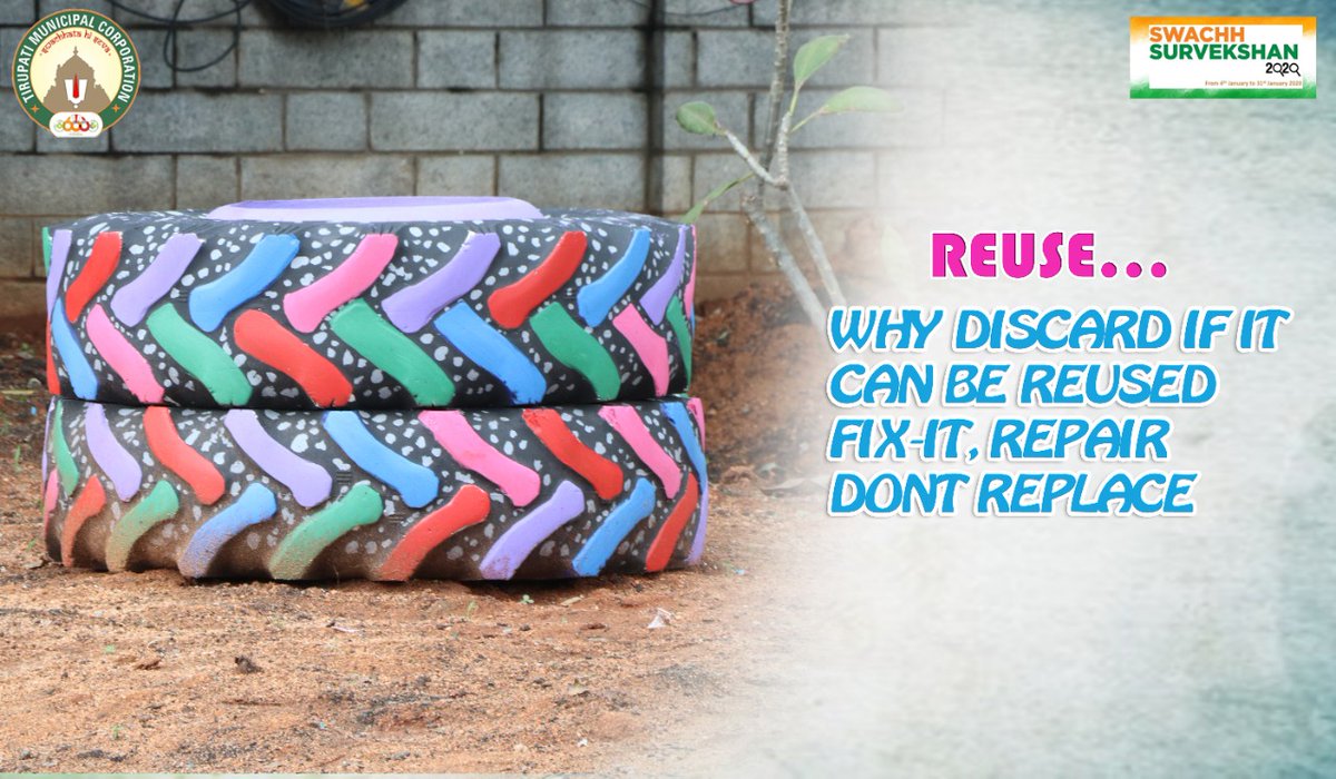 MCTTirupati's tweet photo. 'REUSE'
Why discard if it can be Reused. Fix-it, Repair don't Replace.
When we cannot replace resources given by mother nature, why replace items unnecessarily?

#SwachhSurvekshan2020Tirupati #Tirupati #TirupatiSmartCity #SwachhSurvekshan2020 #SwachhSurvekshan #SwachhAndhra https://t.co/NqOI5VOxZb