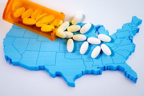 Map of the US with pills coming out of a bottle superimposed @HarvardChanSPH @UM_IHP