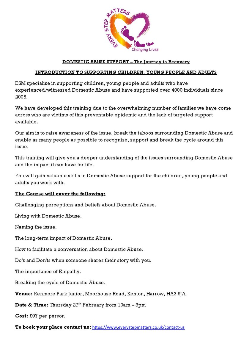 Every Step Matters are running new training 'Domestic Abuse Support - The Journey to Recovery - An Introduction to Supporting Children Young People and Adults' follow the link to find out more or see the flyer attached! bit.ly/2U8jENYFollow
