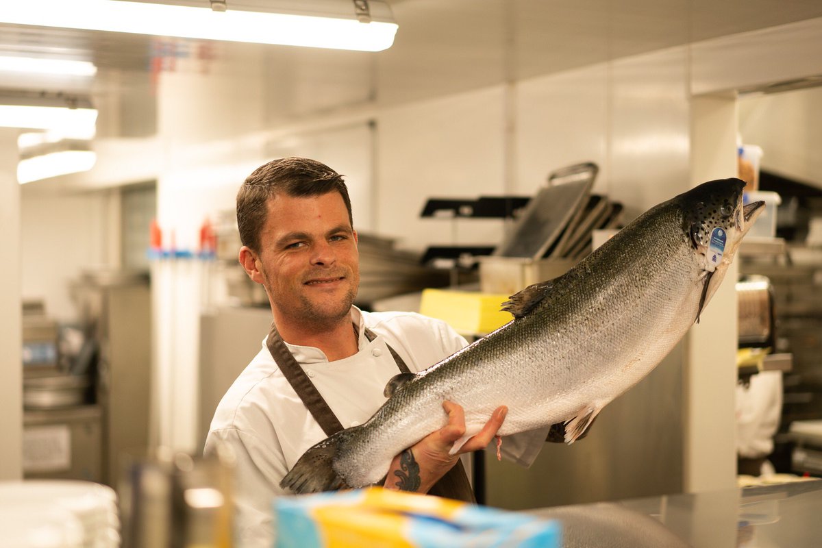 What a beautiful specimen - thanks <a href="/LochDuartSalmon/">Loch Duart Salmon</a>. Chef Dan followed this photo by prepping it for our popular sashimi starter. A great way to enjoy the freshest Scottish catch. Book a table to try it here: rickstein.com/theseafoodrest…