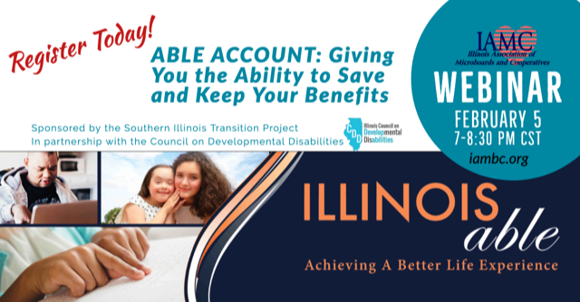 IllinoisAMC's tweet photo. YES! You can save money. Opening an #ABLE account gives an individual and/or families a way to SAVE money without limiting their ability to benefit from federal programs. Take advantage of this free webinar in partnership with @ILCouncilonDD  https://t.co/1g8MSM1Pkd https://t.co/HJnQ4nLvnX
