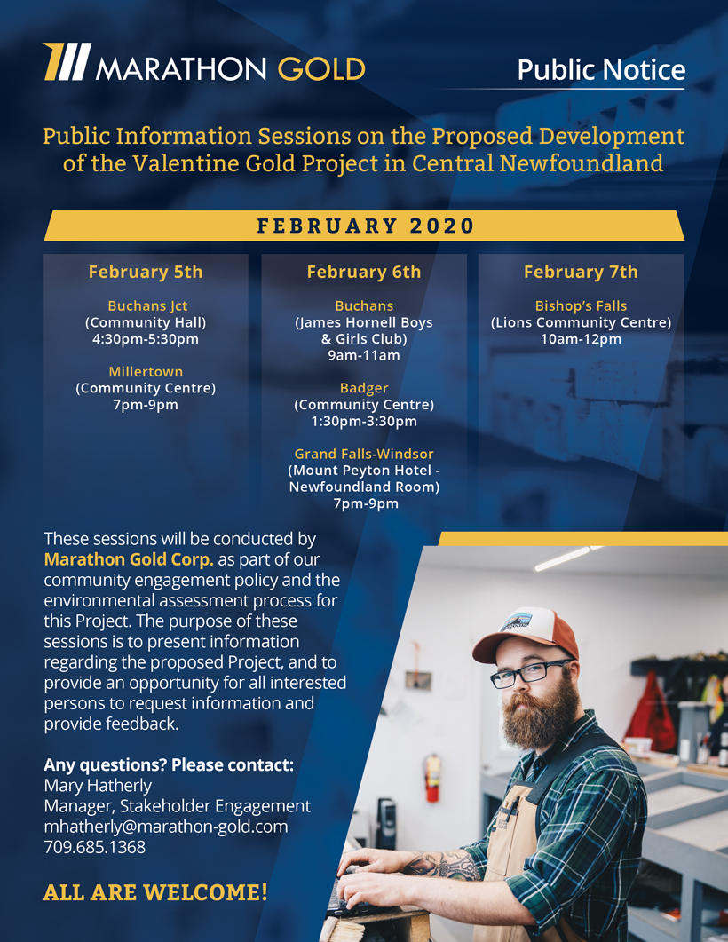 Marathon Gold will be holding #publicinfosessions in Central NL Feb. 5-7 All are welcome!👇Check out the attached poster for details! @MiningNL @Qalipu2011 @MFNGov @MFNRadioNL @590VOCM @CentralVoice_Ca @towngfw @town_bfalls