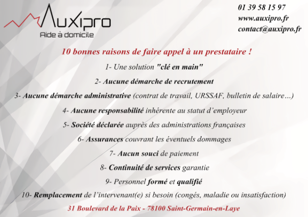 Auxipro78's tweet photo. 10 bonnes raisons de faire appel à un prestataire comme AUXIPRO ! #AUXIPRO #servicesàlapersonne #prestatairedeservices #avantages #sécurité #saintgermainenlaye https://t.co/tEPb8mSTpm