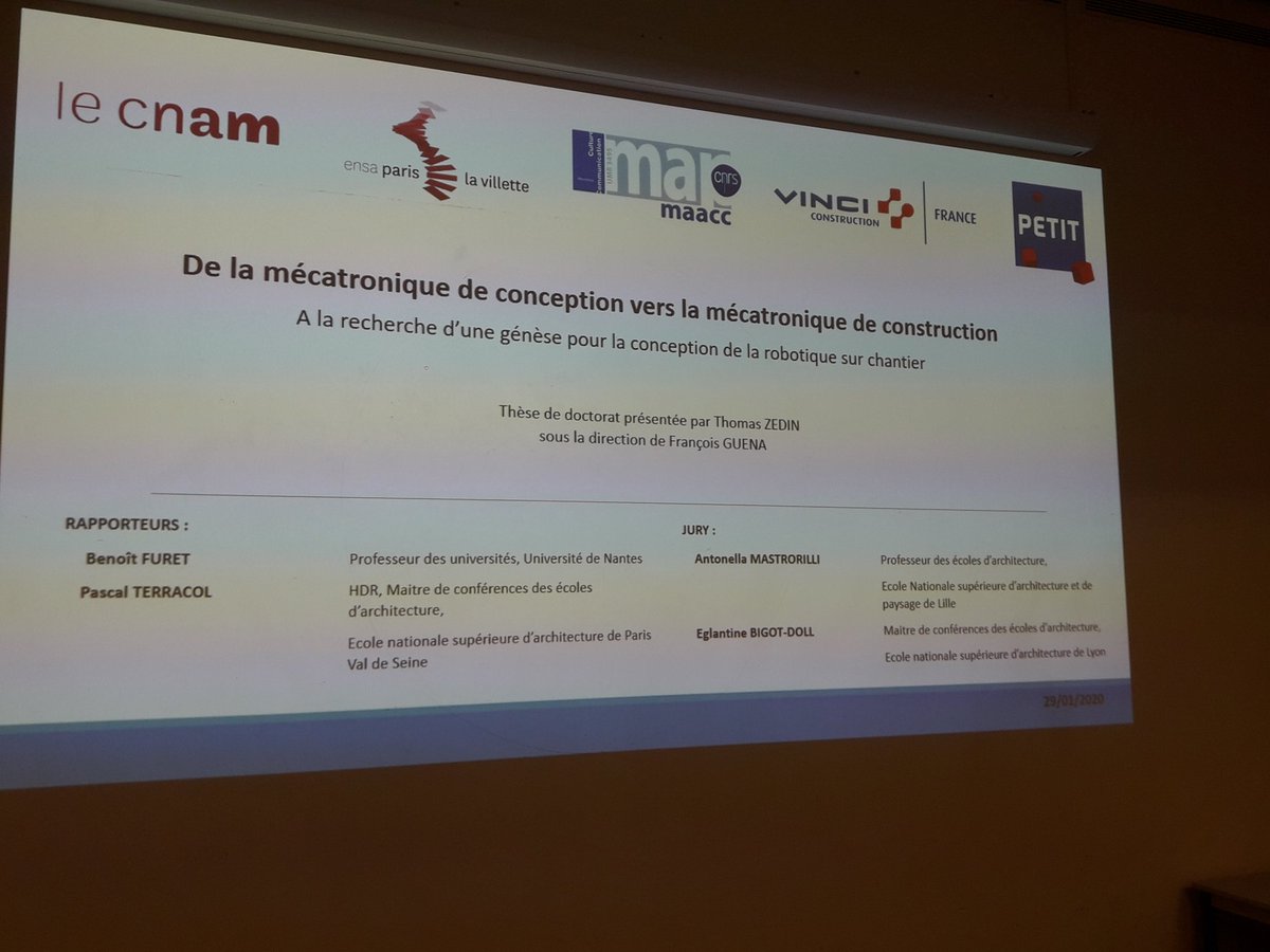 benoit_furet's tweet photo. Soutenance de thèse ce matin à l'École d'Archi Paris-La Villette 
Sujet: La mécatronisation de la conception architecturale et de la construction 

Une thématique menée au @LaboLS2N à @IUTNantes dans la @Halle6Ouest et mise en œuvre avec #Batiprint3d de @UnivNantes et @OuestValo https://t.co/c24rFyAKBh