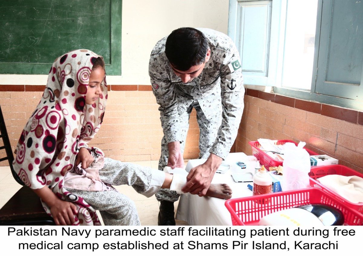 ThePakistanArmy's tweet photo. With an aim to provide better medical facilities and create awareness on health issues, Pakistan Navy in collaboration with Sahil Welfare Association and Ulphat Foundation established Free Medical Camp at Shams Pir Island, Karachi. https://t.co/yoLBGCv1t0