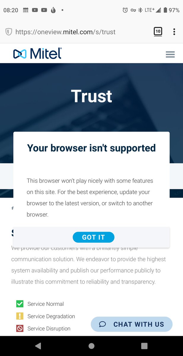 myhelpdeskhell's tweet photo. @Mitel care to tell me why my latest version of @firefox on the latest build of #Android10  "won't play nicely" with your site. Shouldn't that be the other way around? Getting sick of companies telling my #Firefox browser isn't supported. Its not my browser. It's your site! https://t.co/Ypv980u4uJ