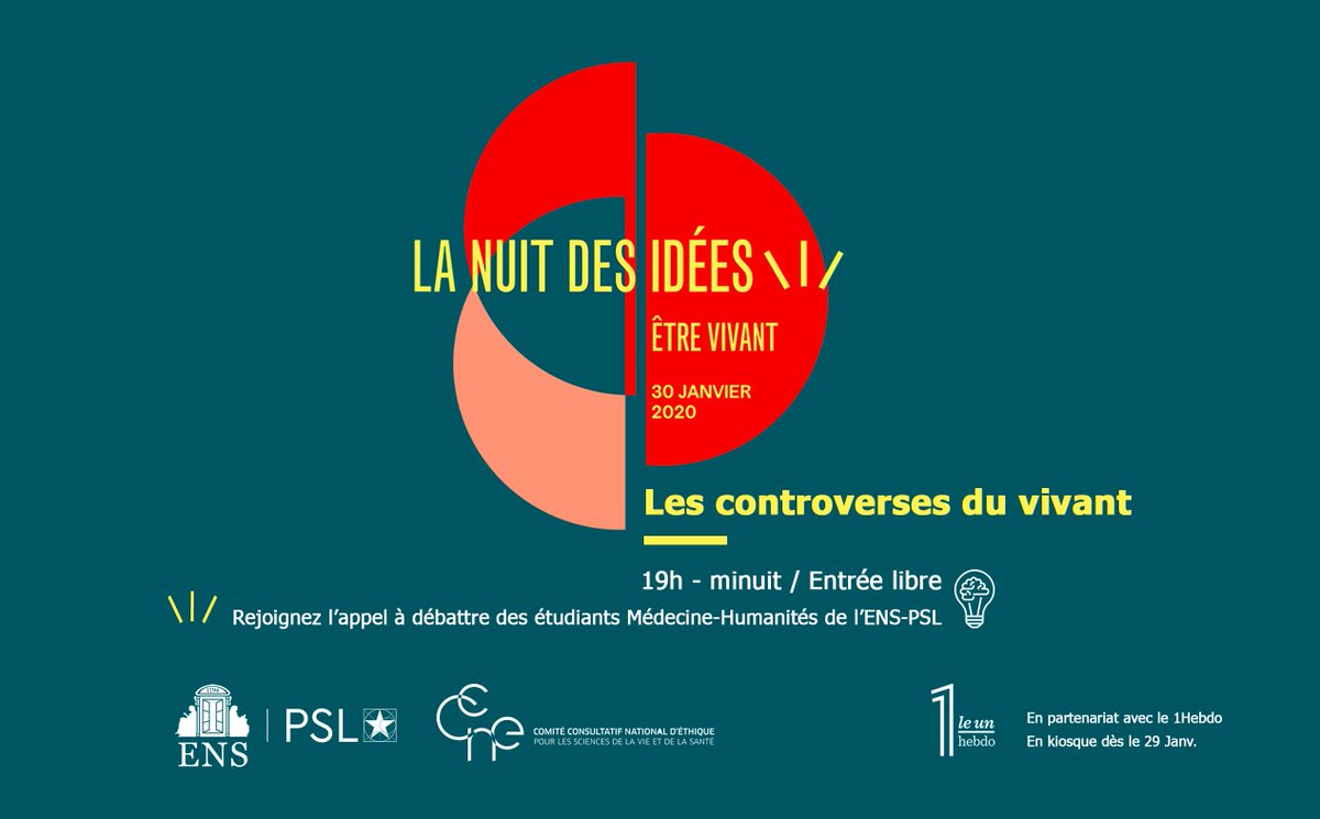 #Nuitdesidees 💡Le #CCNE et l'<a href="/ENS_ULM/">École normale supérieure | PSL</a> vous invitent jeudi 30 janvier à partir de 20h à débattre autour du thème : "Les controverses du vivant" – 45 rue d’Ulm, Paris - Retrouvez le programme des ateliers sur :ccne-ethique.fr/fr/evenements/…