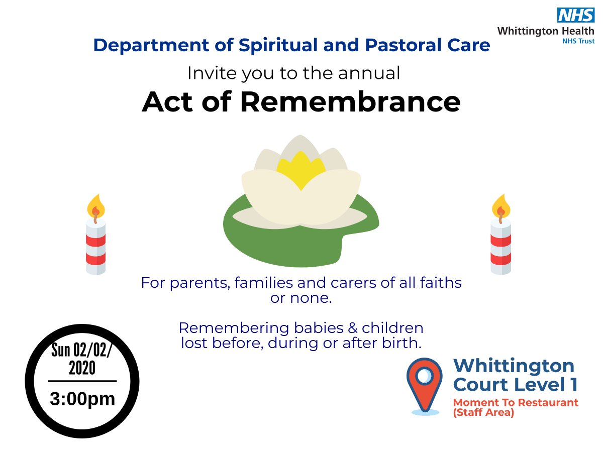 The Department of Spiritual and Pastoral Care is holding its annual Act of Remembrance on Sunday 2 February 2020 3.00pm. The event is a memorial for parents and families who have lost a baby during pregnancy or after birth. For more info email helen.richmond2@nhs.net.🙏🌷