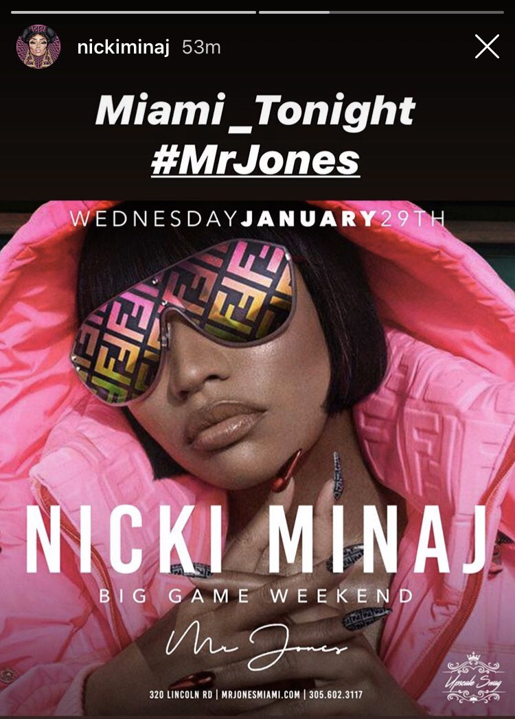 notyadaddi's tweet photo. Nicki Minaj promoting this club appearance more than her music ๐ฅด #MiamiTonight #MrJones #NickiMinaj #BigGameWeekend https://t.co/Miv6zDUtXS