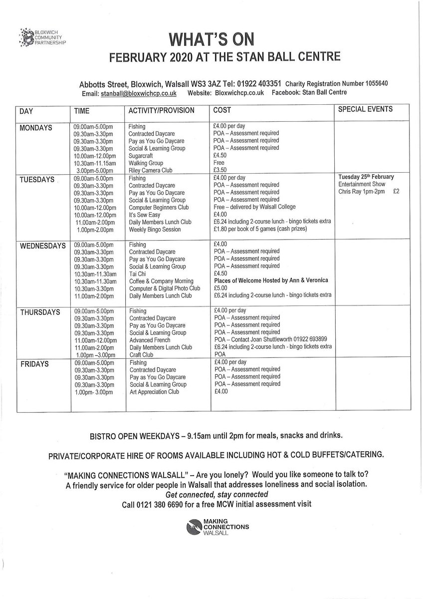 Take a look at our What's On February 2020 at the Stan Ball Centre.  Call 01922 403351 for further information, or just turn up.