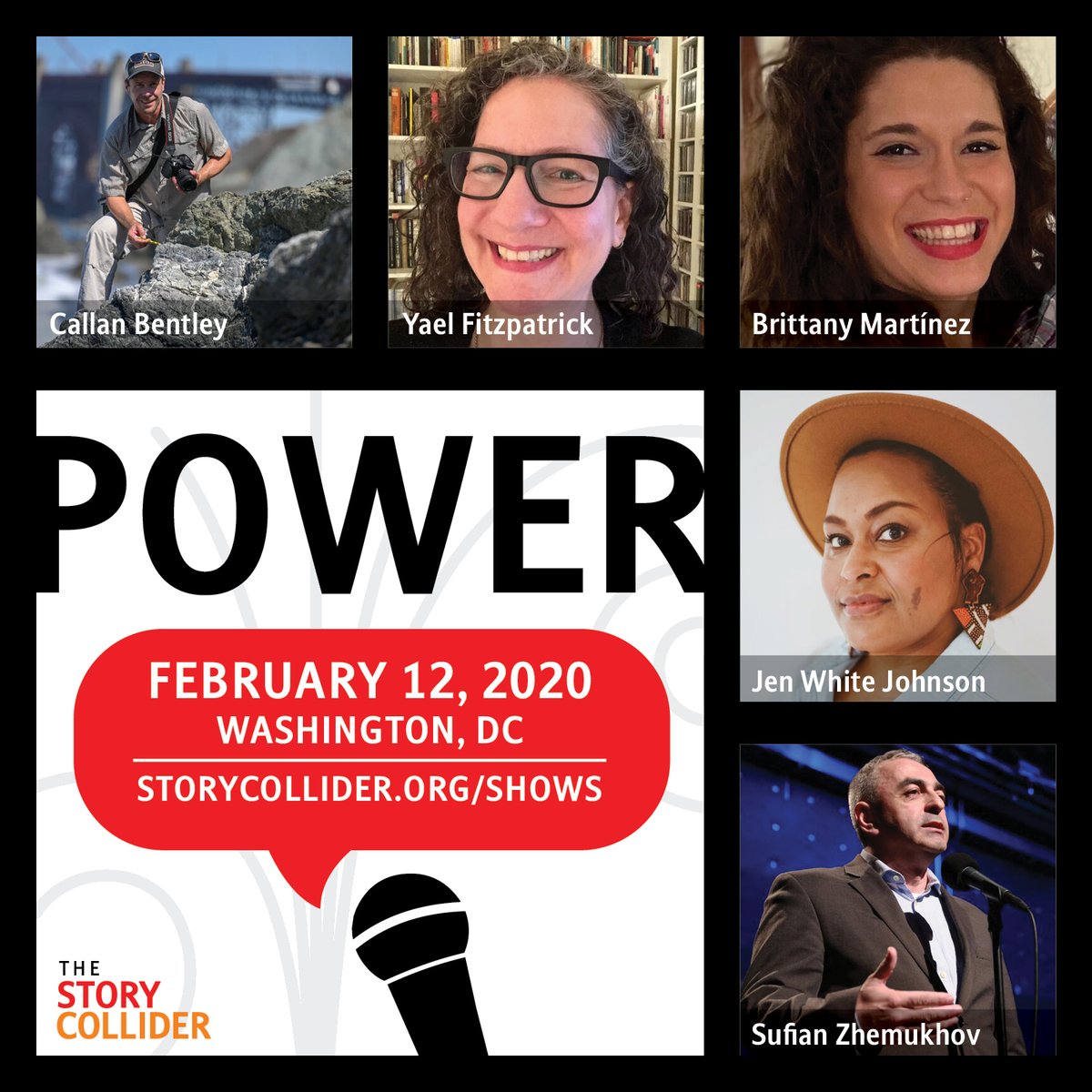 Promotional graphic for Washington, DC's February 12th show "Power" with photos of storytellers