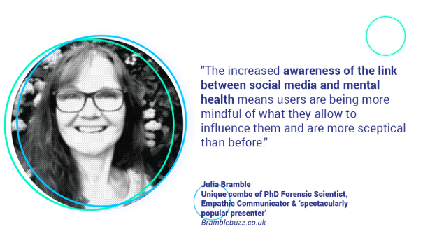 SmartInsights's tweet photo. "The increased awareness of the link between social media and mental health means users are being more mindful of what they allow to influence them and are more skeptical than before." @JuliaBramble #DigitalTrendsSummit https://t.co/aBBs2s69ZK