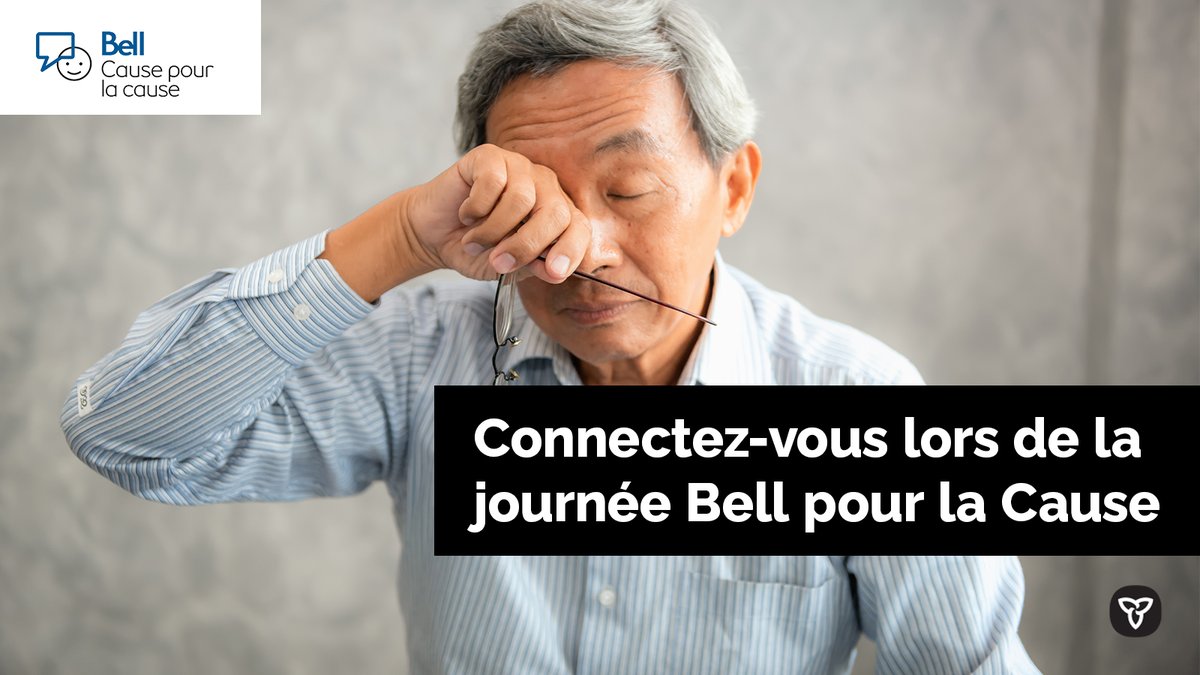 Un aîné qui paraît préoccupé. Texte de l’image “ Connectez-vous lors de la journée Bell pour la Cause ”.
