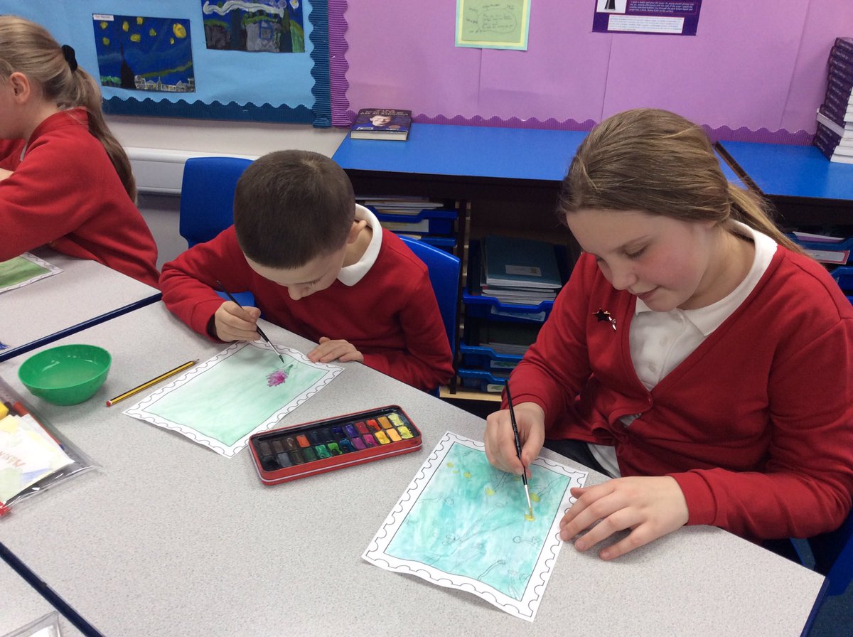 All_Saints_Sch_'s tweet image. Year 5 are enjoying creating their own Commonwealth stamps using water colours. Their designs are influenced by different flowers from countries in the Commonwealth. #paintingpower