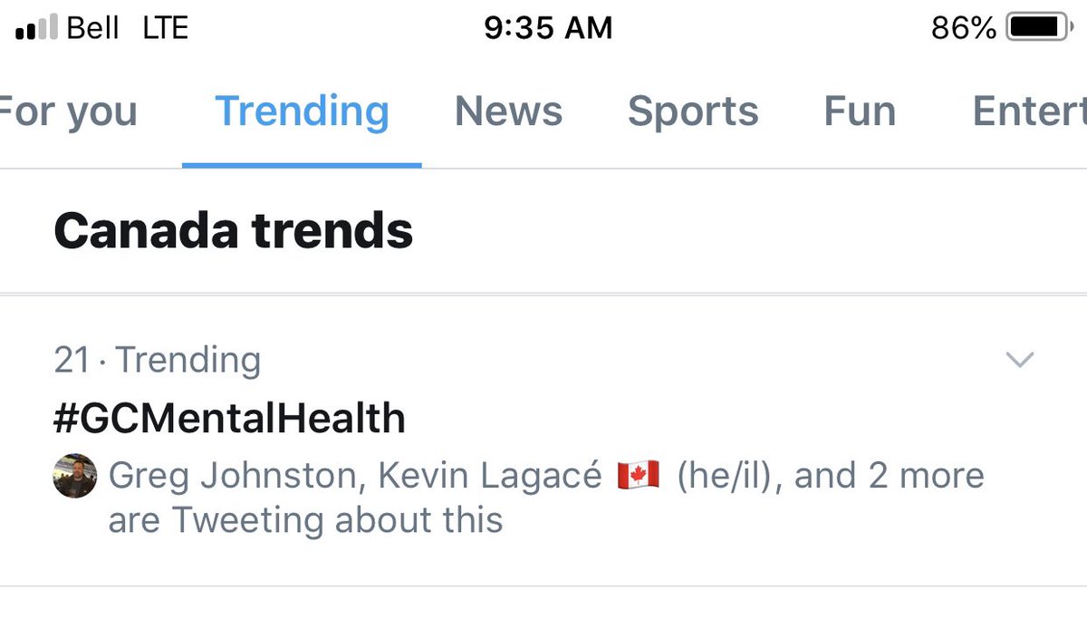 JFClaudeMSM's tweet photo. VERY cool to see #GCMentalHealth trending at 21st in 🇨🇦 today!

Way to go, #GC Tweeps! Keep adding #GCMentalHealth to your #BellLetsTalk tweets!

Après tout, la #SantéMentaleGC est une... #BellCause! 😉 https://t.co/8eb87DUiGZ