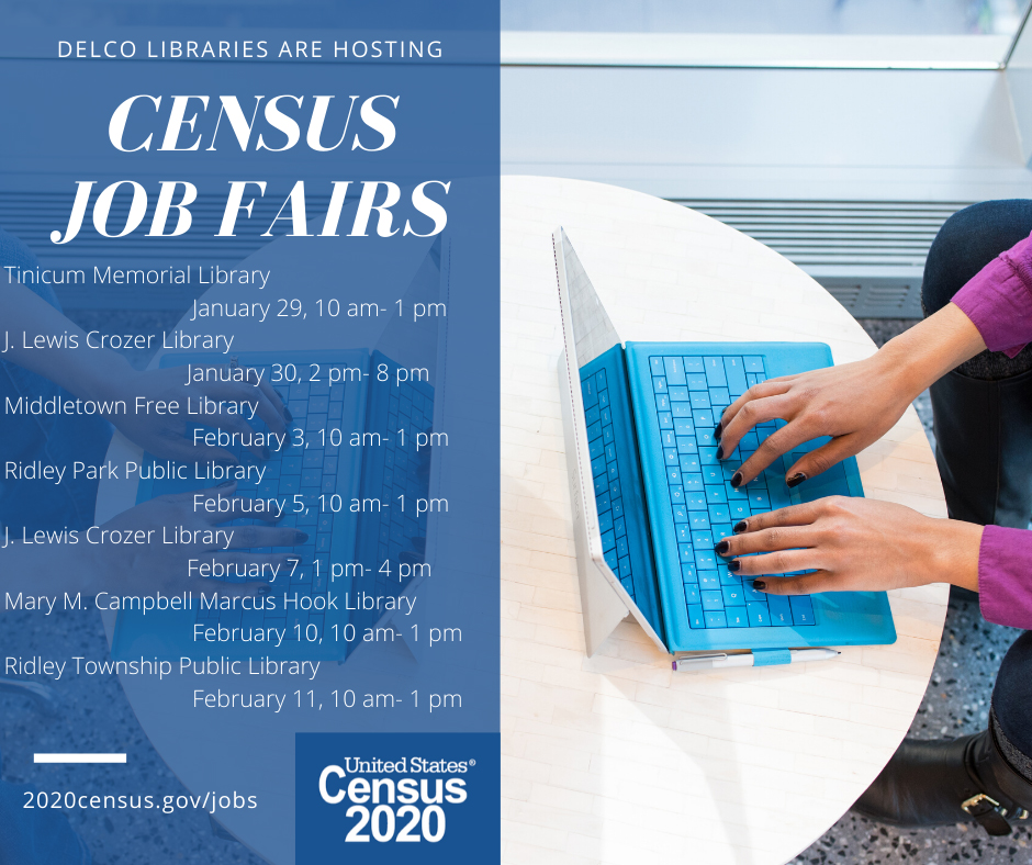 DelcoCounts's tweet photo. @delcolibraries
 are hosting various Census Job Fairs. In advance of the 2020 Census, the U.S. Census Bureau is actively looking to fill positions in Delaware County. The hourly rate is $19.50 an hour and the hours are flexible. Stop by one of the job fairs. #DelcoCounts https://t.co/F0N9WVUDex