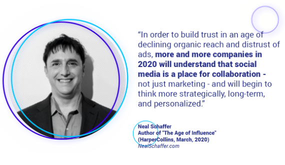 SmartInsights's tweet photo. "In order to build trust in an age of declining organic reach and distrust of ads, more and more companies in 2020 will understand that social media is a place for collaboration - not just marketing" @NealSchaffer #DigitalTrendsSummit https://t.co/COAUAMnQIk