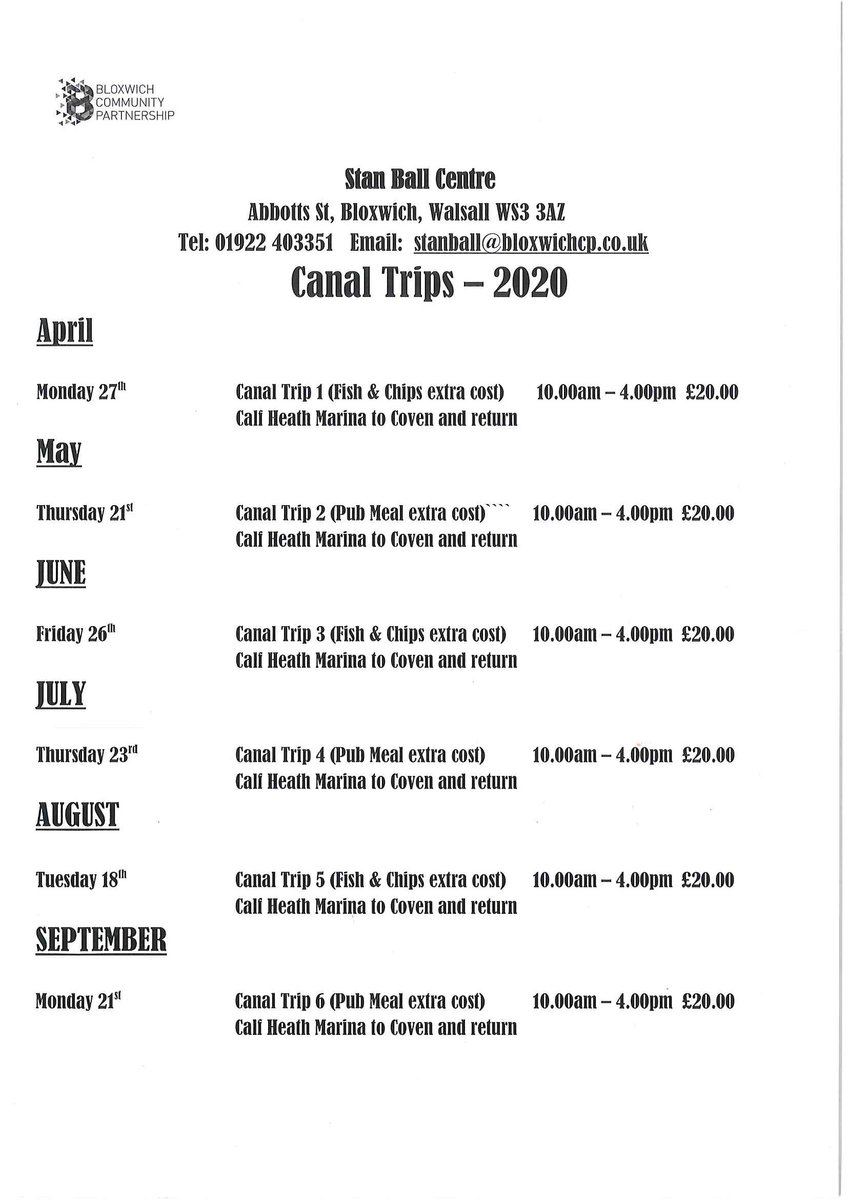 Bookings now being taken for our 2020 canal trips.  Payment by card, cheque or cash.   Please note, all canal trips are now non-smoking.