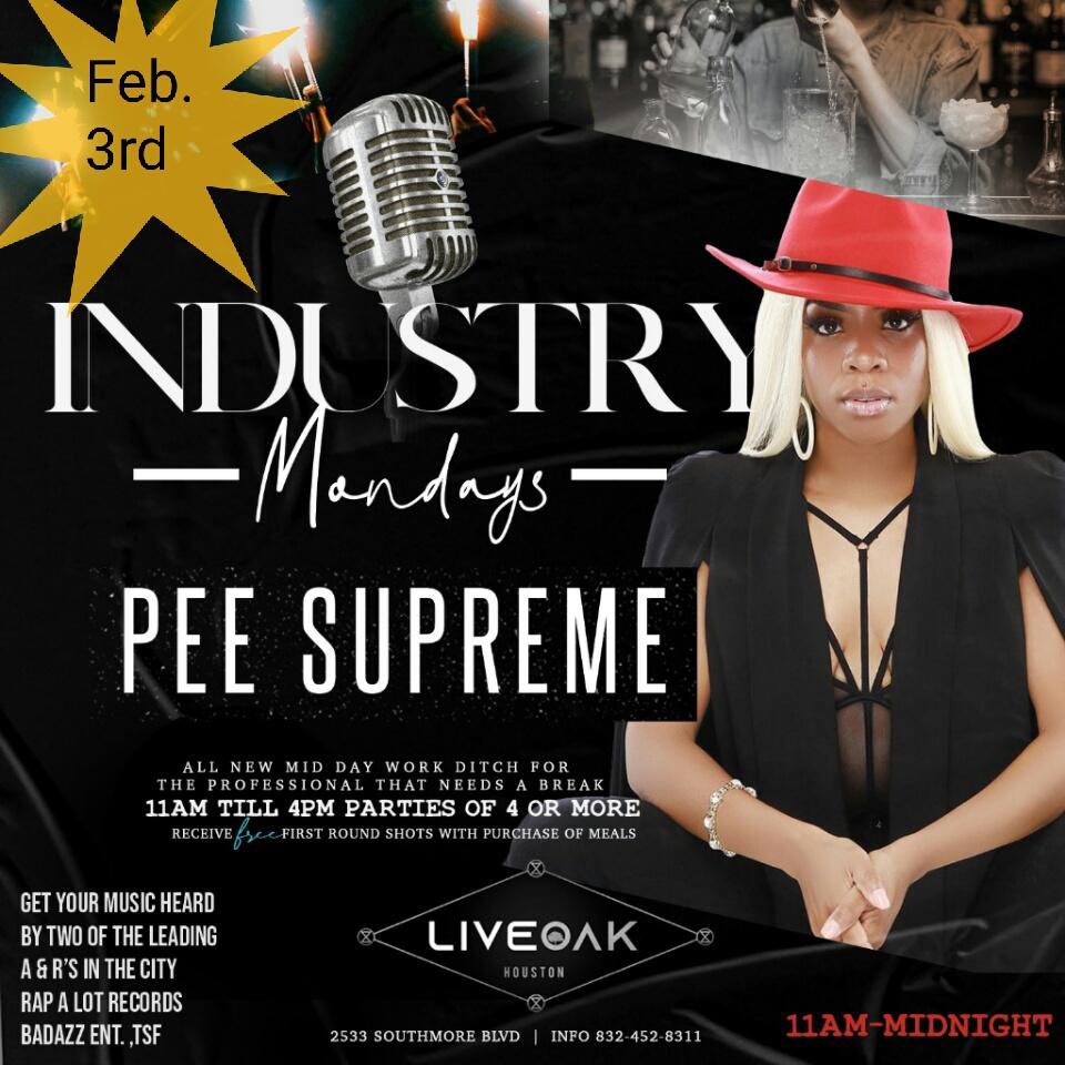PeeSupreme's tweet photo. Im bringing some dimes out!✨🙌🏽—> DM me if you’re coming with #PEESUPREME #INDUSTRYMONDAYS @ LIVEOAK HOUSTON 2/3/20!!⭐️⭐️⭐️⭐️⭐️ @sauce_diddy :::: #STUDIOFLOWFREESTYLE DROPS FRIDAY‼️‼️ https://t.co/pYkl3H7Lai