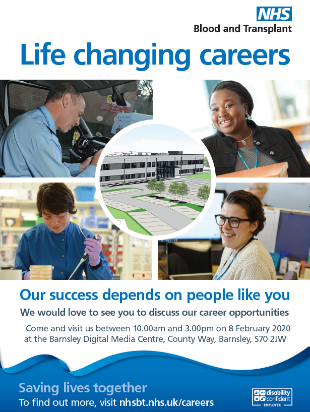 NHSBTCareers's tweet photo. Did you know that NHS Blood and Transplant are coming to Barnsley this year? Join us at our careers day at @Barnsley_DMC on the 8th February to discover more about the types of careers available with us. Click here for more info - https://t.co/WfjKHzGoet https://t.co/fIdLFalmAb