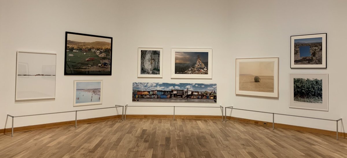 kmpmurphy's tweet photo. A curator creates a salon wall of expansive landscape photography. Collections management comes along and fences it in for no discernible reason (all glazed, no loan requirenents). We must fight overstanchioning to our last breath. The struggle is real. #curatorproblems https://t.co/KkPDbOI34R