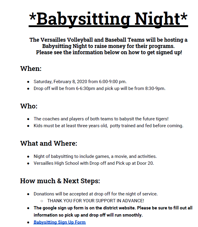 VHSharrmannjoe's tweet photo. The Volleyball and Baseball programs are hosting a "babysitting night" for parents to spend a few hours out!  Check out the details, support two great programs, and enjoy some time to yourself.
@vmstigers @VTigerSports @VersaillesScho1 @versaillesyba @VtownVball @VersaillesOhio https://t.co/FcLy1M7QRj