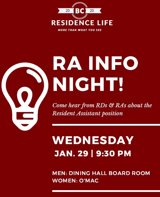 BCRavensStuLife's tweet photo. Are you interested in applying to be an RA? Come to "Info Night" tonight @ 9:30. Men: Dining Hall Boardroom / Women: O'Mac https://t.co/k49MElYyR9