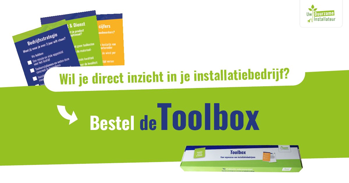 Wil je dit jaar echt werken AAN je installatiebedrijf? 
Bestel de toolbox nog deze week en krijg waardevolle inzichten over je bedrijf. 
Juist als jij alles al hebt geregeld.

pos.li/2ent7w
Je betaalt alleen de verzendkosten.

#toolbox #Installateur #nieuwjaar