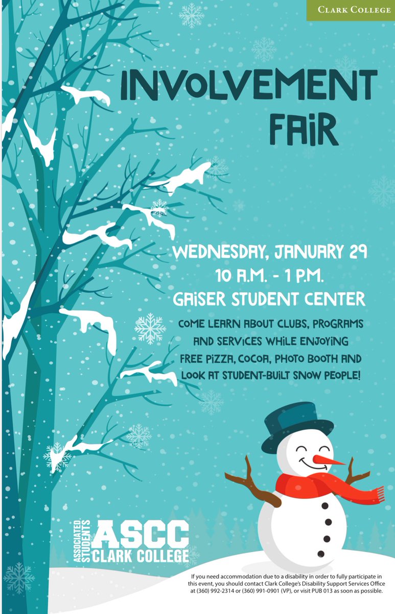 ClarkCollege's tweet image. Happening TODAY! Wednesday, Jan. 29, 10am - 1pm in Gaiser Student Center. Find out about clubs, programs and services while enjoying FREE pizza, cocoa, and a photo booth.
