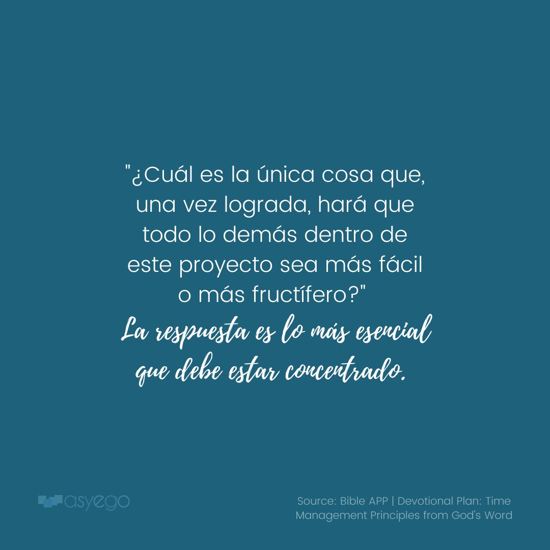 asyegoconnect's tweet photo. "¿Cuál es la única cosa que, una vez lograda, hará que todo lo demás dentro de este proyecto sea más fácil o más fructífero?" 
La respuesta es lo más esencial que debe estar concentrado. 

Busqueda: Bible APP | Devotional Plan: Time Management Principles from God's Word https://t.co/X5gw81XXCq