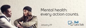 Today is Bell Let’s Talk Day.

Each time you tweet and retweet using #BellLetsTalk or watch the official video, Bell will donate 5¢ towards Canadian mental health initiatives.