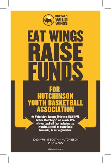 Lunch or dinner plans? 😋 Head to Buffalo Wild Wings TODAY from 11am-9pm and tell your server or show them this post that you’re here for HYBA! #bestfundraiserever #itsforthekids #weBALLinHUTCH💪🏻🏀