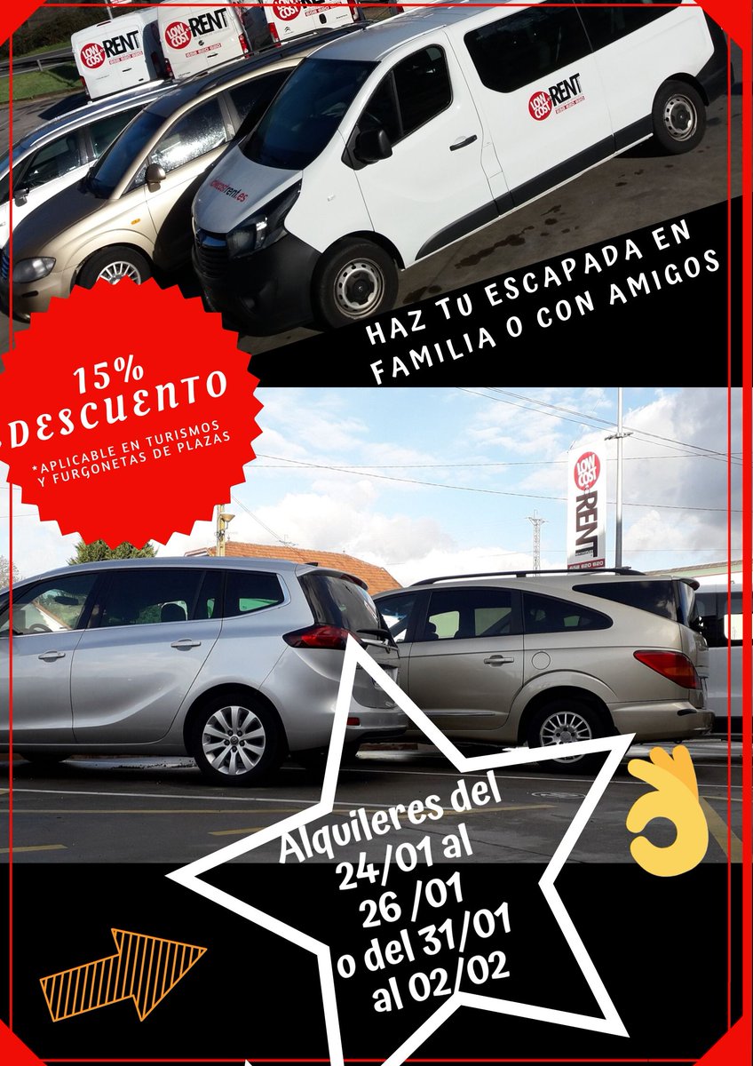 lowcostrent's tweet photo. ¡¡En Low Cost Rent te lo ponemos fácil!!
Recuerda, últimos días para oferta fin de semana, ¡¡Un 15% de descuento!! 
Aprovecha el regalo👇👇
https://t.co/UwGA8fhO7w
#liberateconLowCostRent #Ponteareas #Vigo #Peinador https://t.co/Uc4x8sq5dL
