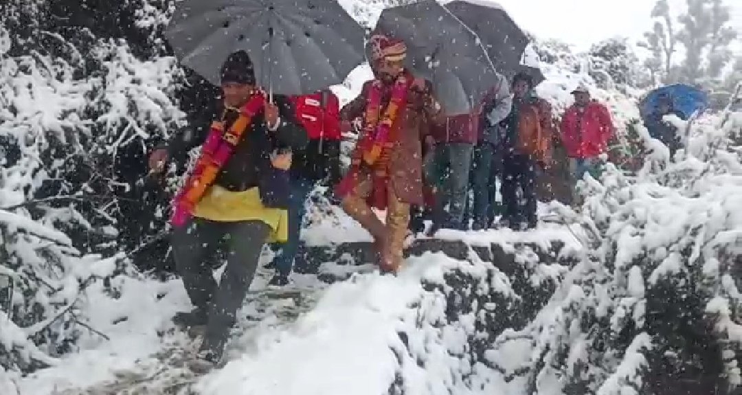 Uttarakhand: A groom travelled four km on foot to reach the bride's home in Bijra village in Chamoli district as roads were closed due to heavy snowfall in the region.